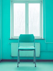 A minimalist interior featuring a turquoise chair against a matching wall with a white window, radiator, and floor, embodying modern design simplicity