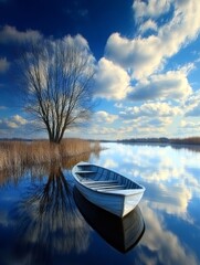 A calm lake reflecting a cloudy sky, with a solitary tree and a small boat in the foreground, creating a peaceful and contemplative scene