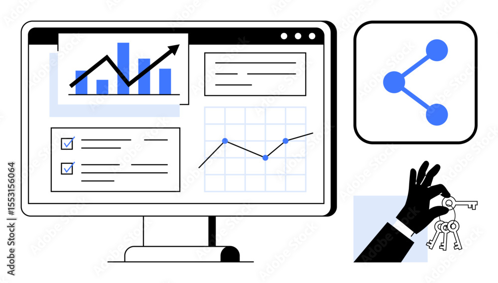 Poster monitor displaying charts, bar graphs, and checklists. sharing icon portrays connectivity. hand hold