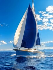 Elegant sailboat with white and blue sails gliding across calm azure waters under a clear sky, embodying luxury marine leisure and nautical adventure