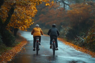 Two people cycling on a wet road surrounded by autumn trees with orange and yellow leaves during light rain