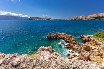 Naturist beach and Bunculuka campsite on the island of KRK, azure waters of the Mediterranean Sea,...