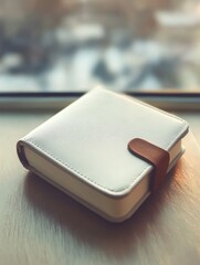 A stylish white leather bound notebook with a brown strap closure, placed on a wooden surface near a window, symbolizing organization and creativity