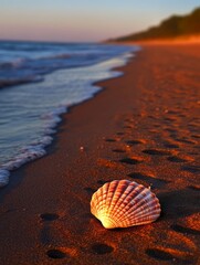 Vibrant seashell on sandy beach illuminated by warm sunset light, with gentle waves and colorful sky in the background. Perfect blend of nature's beauty