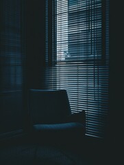 A dimly lit room with light filtering through venetian blinds, creating a mysterious and atmospheric ambiance. An armchair silhouette adds depth to the scene