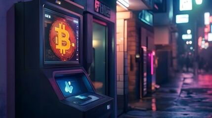 Bitcoin ATM in Neon Cityscape: Illuminated Bitcoin ATM in a cyberpunk city, showcasing financial innovation amidst a vibrant, futuristic urban landscape.