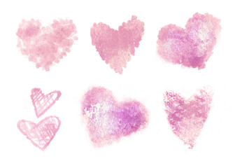A set of delicate watercolor pink hearts for design. Hearts on a white background for creative design of cards, postcards, invitations