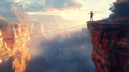 A person walking on a tightrope over a canyon, exuding confidence and focus, hyper-realistic. (1)