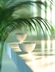 A minimalist composition featuring a white ceramic bowl on a reflective surface, with soft shadows from palm leaves creating a serene, tropical ambiance
