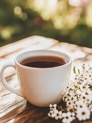 A white cup of tea sits on a rustic wooden table, accompanied by delicate white flowers. The background is blurred, creating a warm and inviting atmosphere