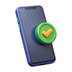 Mobile phone with check mark 3d rendering plasticstyle icon solated on white background