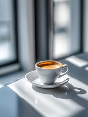 A white coffee cup with saucer sits on a windowsill, casting a long shadow. Bright sunlight streams in, creating a serene and contemplative morning atmosphere