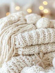 Soft, cream colored knitted textures with a golden star ornament. Bokeh lights in the background create a warm and festive winter atmosphere