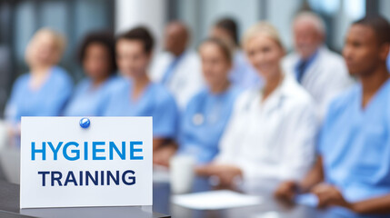 Hospital hygiene training session with doctor and nurse attending to learn handwashing health protocols and infection prevention in clinical environment