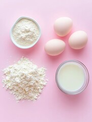 Baking essentials including flour, eggs, and milk arranged on a pastel pink background, showcasing the start of a culinary creation