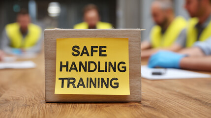 Safe handling training in warehouse with supervisors instructing new recruits seated for guidance on material movement and safety procedures during operation