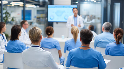 Fototapeta na wymiar Group of doctors attending seminar in hospital lecture hall with senior physician giving medical presentation and professional training session on healthcare practices