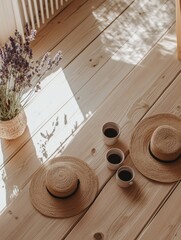Wooden floor with coffee cups, straw hats, and dried lavender in a woven basket, bathed in soft sunlight creating long shadows. Cozy and serene atmosphere