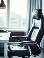 Elegant black leather executive chair in a modern office setting, positioned near a large window with a view of city buildings. Professional and sophisticated ambiance