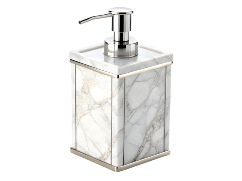 Liquid soap dispenser in marble design isolated on white background