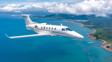 White private jet flying over azure ocean and tropical island. Luxury travel and vacation concept for elegant tourism.