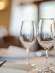 Close up of pristine wine glasses on a white tablecloth, set for an elegant dining experience. Soft focus background creates an atmosphere of luxury and sophistication