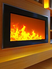 A sleek, built in electric fireplace with vibrant flame display, set in a wooden entertainment unit, creates a warm and inviting atmosphere in a contemporary living space