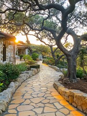 Winding stone pathway through a lush garden, framed by ancient oak trees with sunlight filtering through branches, creating a magical golden hour ambiance