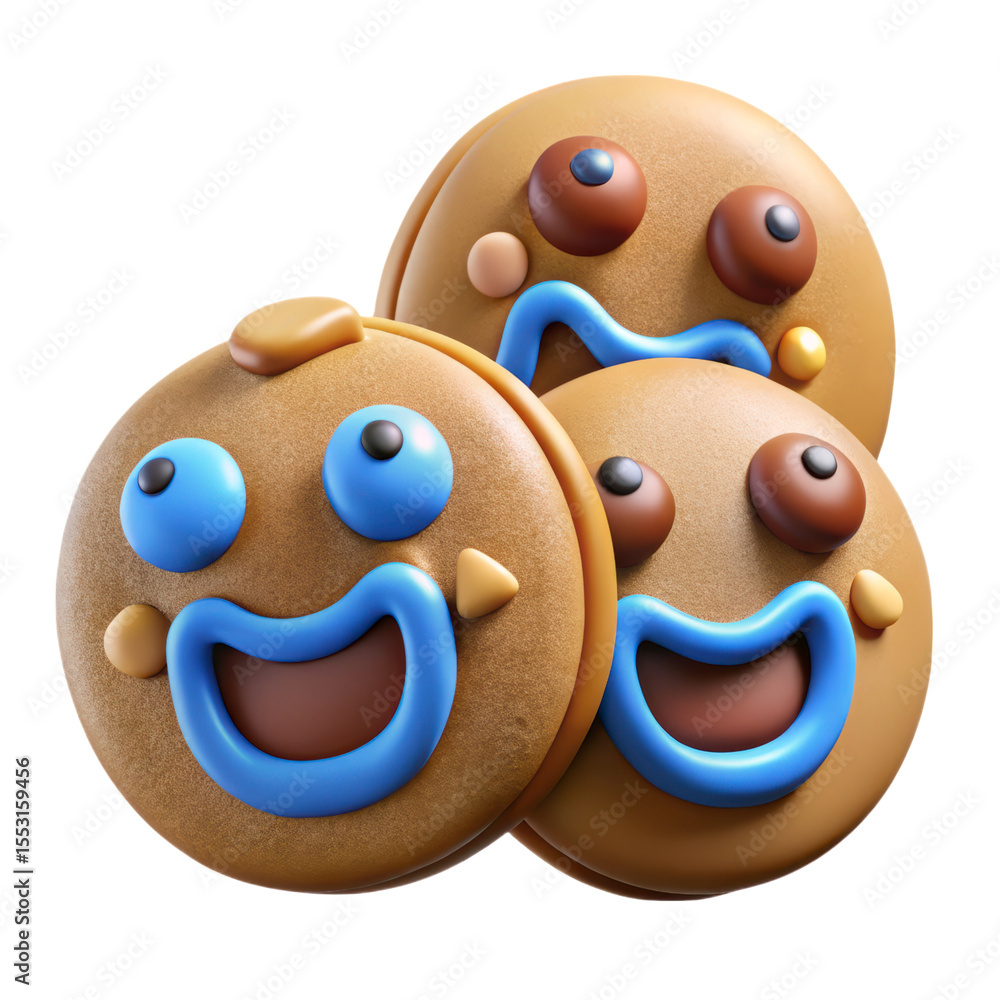 Poster three 3d rendering plasticstyle cookies smiling icon isolated on background delightful pastry