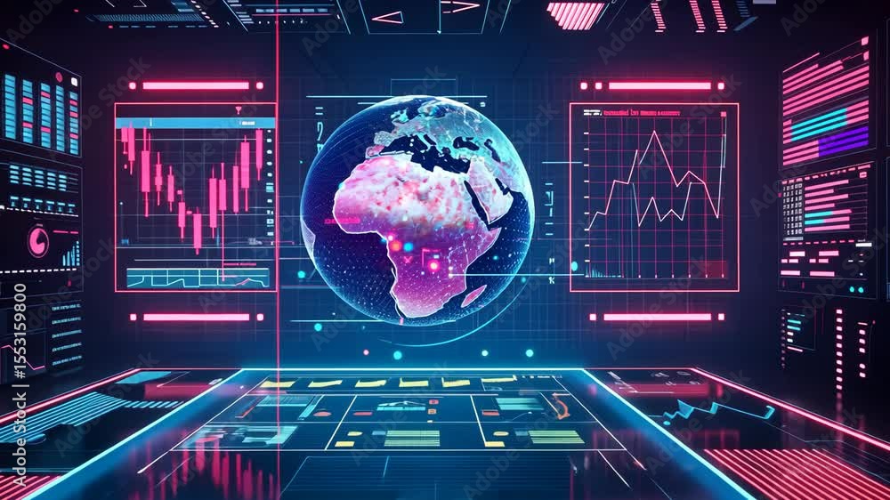 Aufkleber digital representation of the earth surrounded by intricate data visuals and graphs, futuristic fina