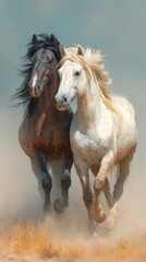 Majestic horses galloping through the dust on an open field during golden hour