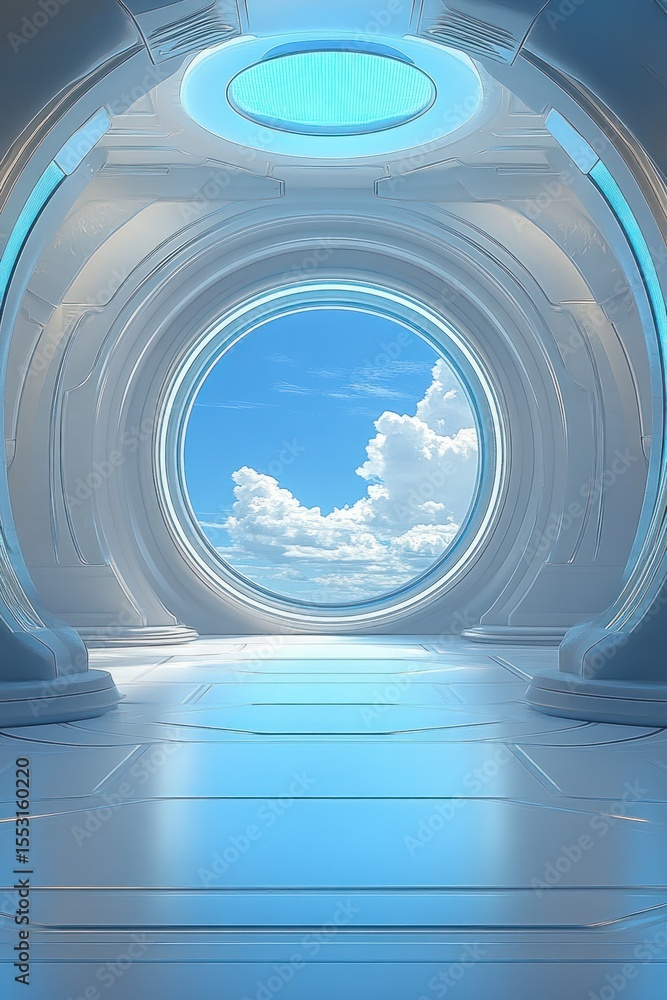 Poster futuristic white and blue corridor with smooth curved walls and a large circular window showcasing a