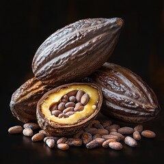 Close-up of whole and halved cacao pods with cacao beans spilling out on dark background, showcasing natural texture and rich brown colors