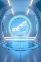 Futuristic circular room with smooth white surfaces and glowing blue accents overlooking a bright sky with fluffy clouds through a large round window