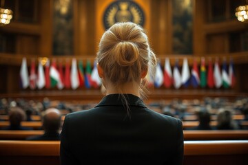 rear view of a woman with blonde hair in a bun attending a formal international conference with multiple national flags displayed in a large ornate hall