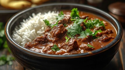 Close-up of a bowl filled with rich brown beef curry garnished with fresh cilantro, served alongside fluffy white rice, evoking warmth and hearty comfort