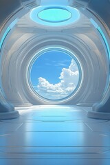 futuristic white and blue corridor with smooth curved walls and a large circular window showcasing a bright sky with fluffy clouds