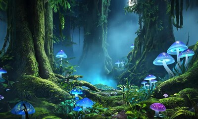 Glowing Mushrooms In A Moonlit Forest - Powered by Adobe