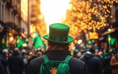 Person wearing a green hat and backpack with a gold shamrock symbol, walking through a festive street crowd holding green flags during golden hour with warm bokeh lights