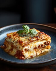 Close-up of a cheesy meat lasagna slice garnished with fresh basil leaves on a blue plate, showing rich tomato sauce and melted cheese layers, evoking a warm and appetizing feeling