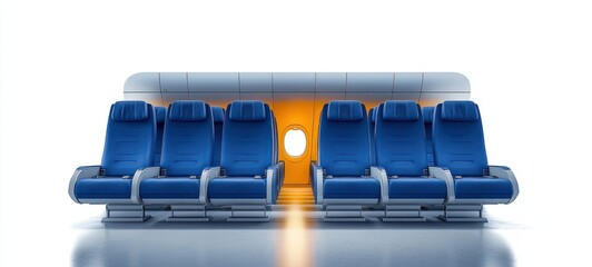 Row of six modern blue airplane seats arranged in two groups of three with visible seat belts, illuminated by soft warm light through a single round airplane window behind them