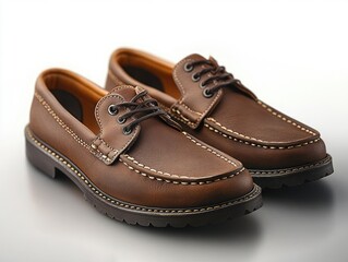 pair of brown leather casual shoes with black laces and detailed stitching on a white background
