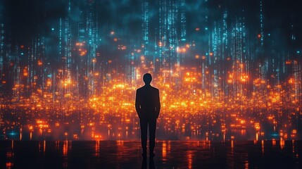 Silhouette of a person standing alone facing a glowing digital matrix of orange and blue lights resembling futuristic data streams in a dark space