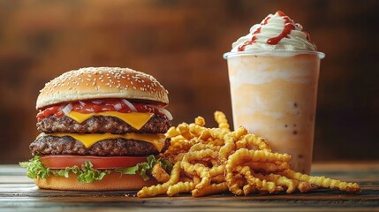 Double cheeseburger with lettuce, tomato, onions, ketchup, two beef patties, crinkle-cut fries, and a creamy milkshake topped with whipped cream and drizzled with sauce on a wooden surface