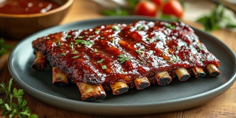 Glazed and grilled pork ribs garnished with chopped herbs served on a gray plate with a bowl of barbecue sauce and fresh cherry tomatoes in the background