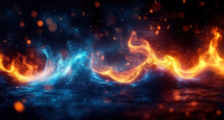 Dynamic and vivid blue water waves clashing against bright orange fire flames creating a powerful elemental contrast with glowing particles in a dark background