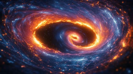 Spiral galaxy with bright fiery orange and blue glowing stars swirling around a dark central black hole radiating cosmic energy