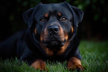 Fototapeta premium Close-up of a calm and attentive large black and brown dog lying on green grass with dark foliage background