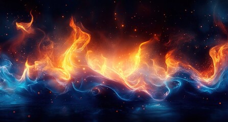 Dynamic flames and smoke intertwining in fiery orange and cool blue hues against a dark background evoking energy and contrast