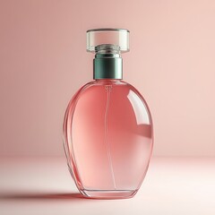 Elegant transparent glass perfume bottle with pink liquid against soft pink background, showcasing sleek modern design and gentle reflections